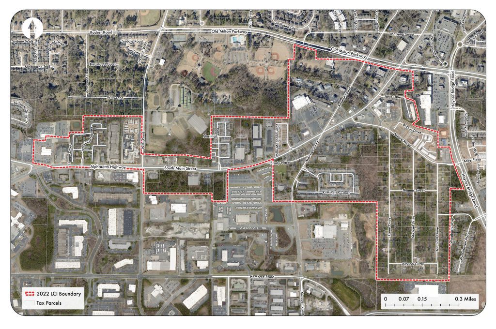 Aerial map of the 2022 South Main Street Livable Centers Initiative (LCI) Study Area
